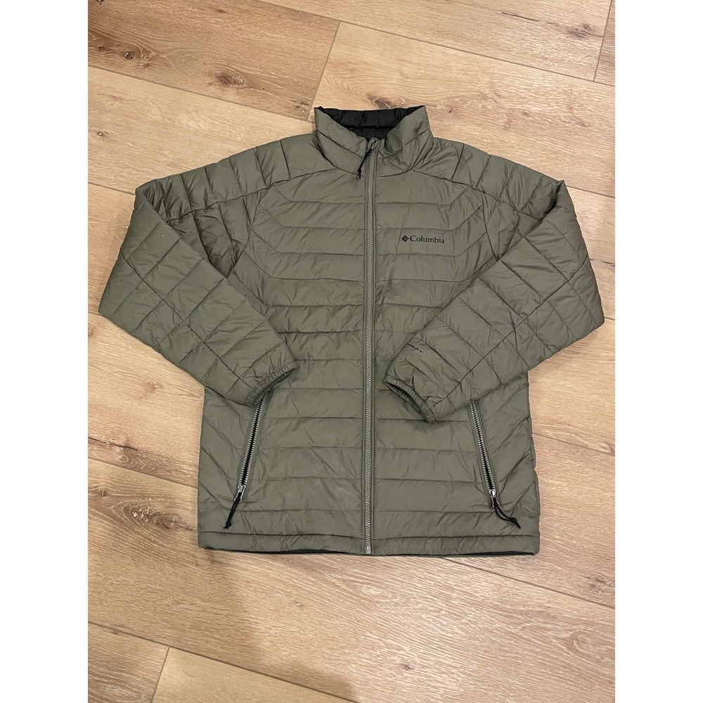 Columbia Omni-Heat Puffer Jacket Mens Small Olive Green Full Zip Quilted Coat
